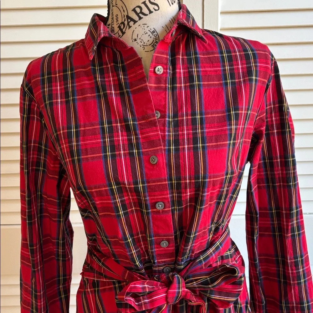J. Crew Red Plaid Long Sleeve Tie Waist Shirt Dress 12 - Picture 3 of 8